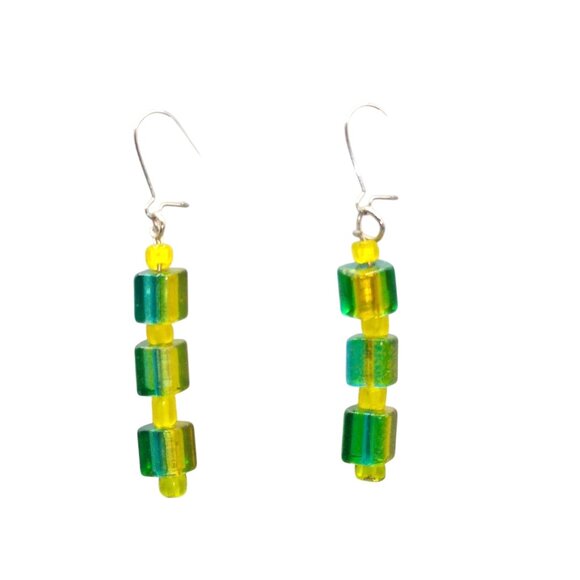 Givre Art Glass Modernist Earrings with Blue Faceted Glass Cubes, Vintage Dangle - Picture 1 of 4